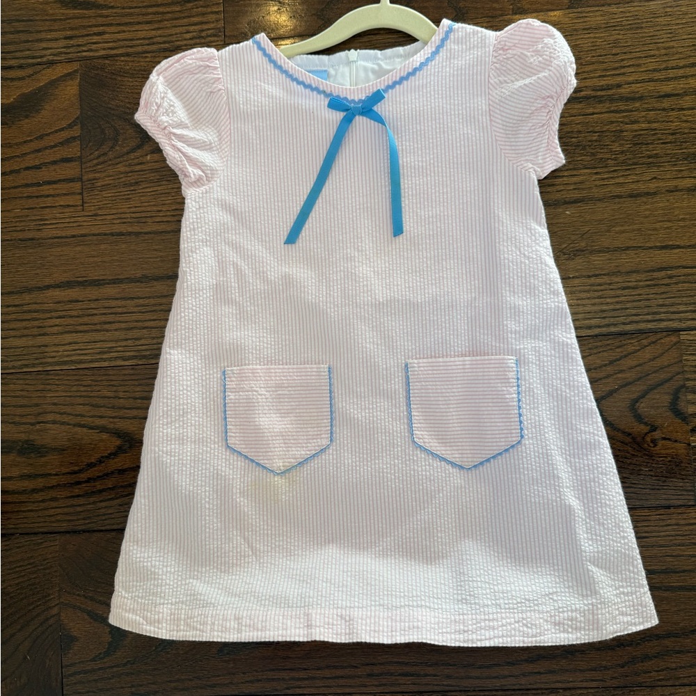 bella bliss Pink Seersucker Dress with Blue Trim